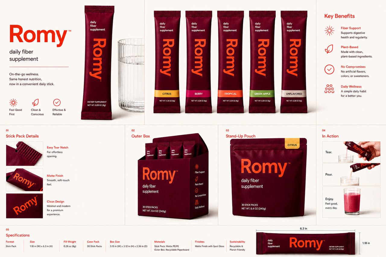 Romy daily fiber supplement stick packs, pouch, flavors, and benefits